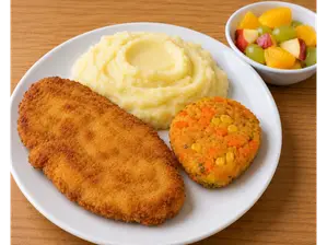 Milanesa de Pollo + Puré de Papa + Croqueta de Zanahoria y Choclo + Fruta de Estación de catering San roque