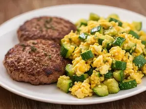 1. Hamburguesas sobre zapallito revuelto y huevo a la plancha. de Córdoba Nutrición Viandas Saludables