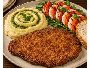 MILANESA DE PECETO + PURE DE PAPA Y ENSALADA + PAN de Equilibrio Viandas